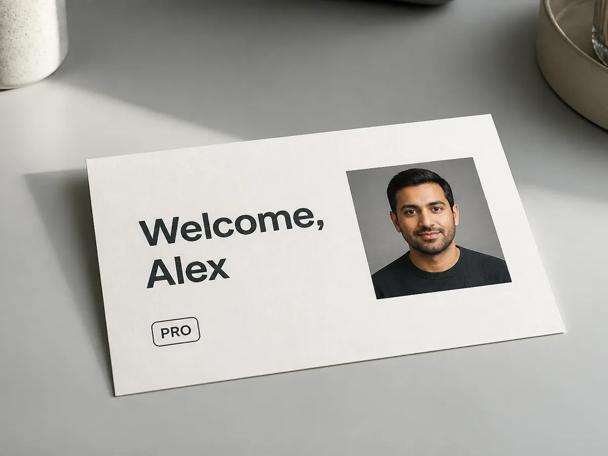 Printed welcome card with a named headline and portrait