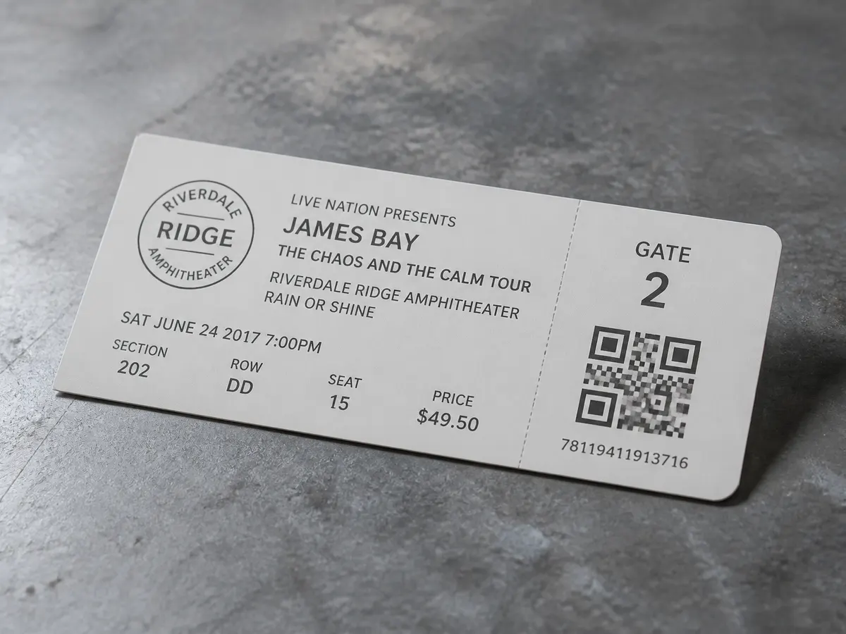 Event ticket with a QR code printed on cardstock