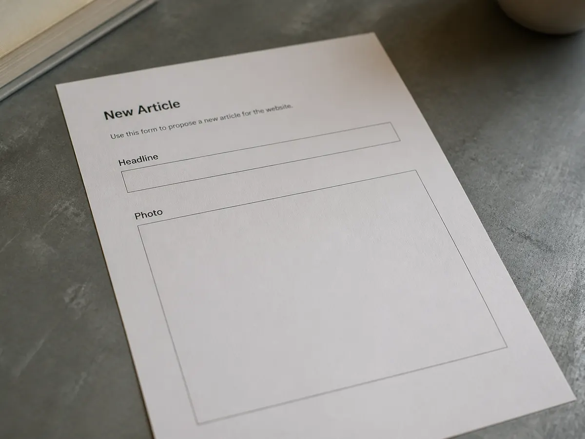 A printed form with Headline and Photo fields